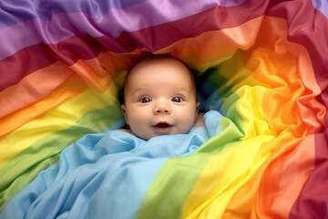 An infant lies content on a rainbow cloth blanket, bathed in gentle light, emanating happiness and tranquility. Generative AI.