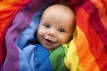 An infant lies content on a rainbow cloth blanket, bathed in gentle light, emanating happiness and tranquility. Generative AI.