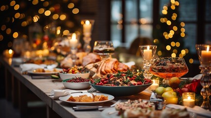 Fototapeta premium Christmas dinner table full of dishes with food and snacks, New Year's decor with a Christmas tree in the background. Garland lights, cozy family event 