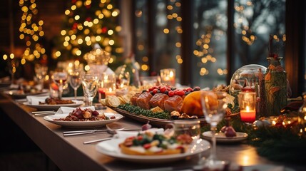 Fototapeta premium Christmas dinner table full of dishes with food and snacks, New Year's decor with a Christmas tree in the background. Garland lights, cozy family event 