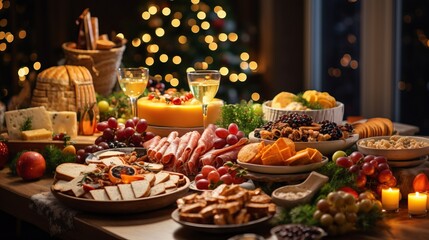 Fototapeta premium Christmas dinner table full of dishes with food and snacks, New Year's decor with a Christmas tree in the background. Garland lights, cozy family event 