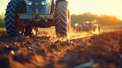 Extreme close up of a tractor tractor working on a plantation at sunset day