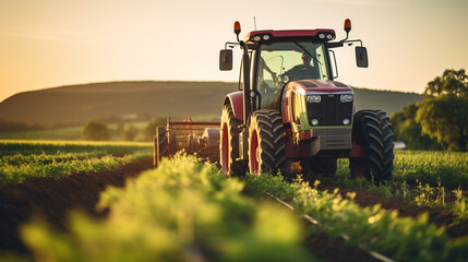 Extreme close up of a tractor tractor working on a plantation at sunset day - obrazy, fototapety, plakaty