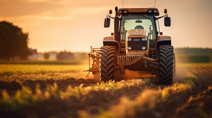 Extreme close up of a tractor tractor working on a plantation at sunset day