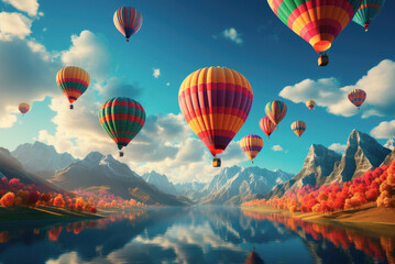 Obraz premium Colorful bright balloons in the sky over the mountains