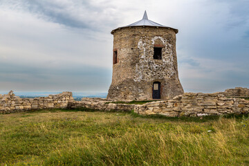 One of the towers of the ancient fortress of the ancient Bulgarian Yelabuga settlement and view of the city in the Republic of Tatarstan, Russia