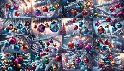 Banner collage with multi-colored New Year's balls on frosty tree branches
