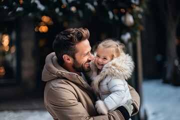 Fototapeta premium happy father and daughter hugging and smiling while spending time together outdoors