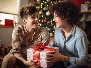 Obraz na płótnie Canvas NON binary gay couple gifting presents during Christmas time.