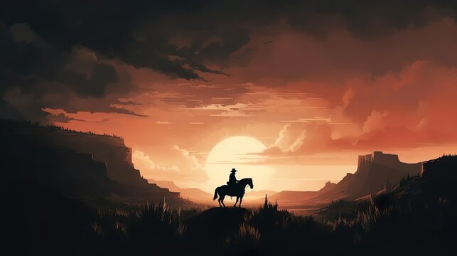 Western landscape with silhouette of a lonely cowboy