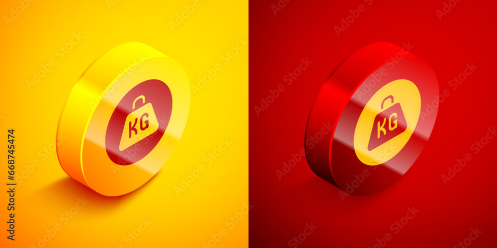 Poster isometric weight icon isolated on orange and red background. kilogram weight block for weight liftin