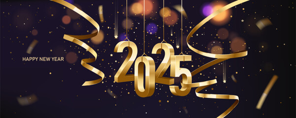 Happy New Year 2025. Hanging golden 3D numbers with golden ribbons and confetti on a defocused colorful, bokeh background.