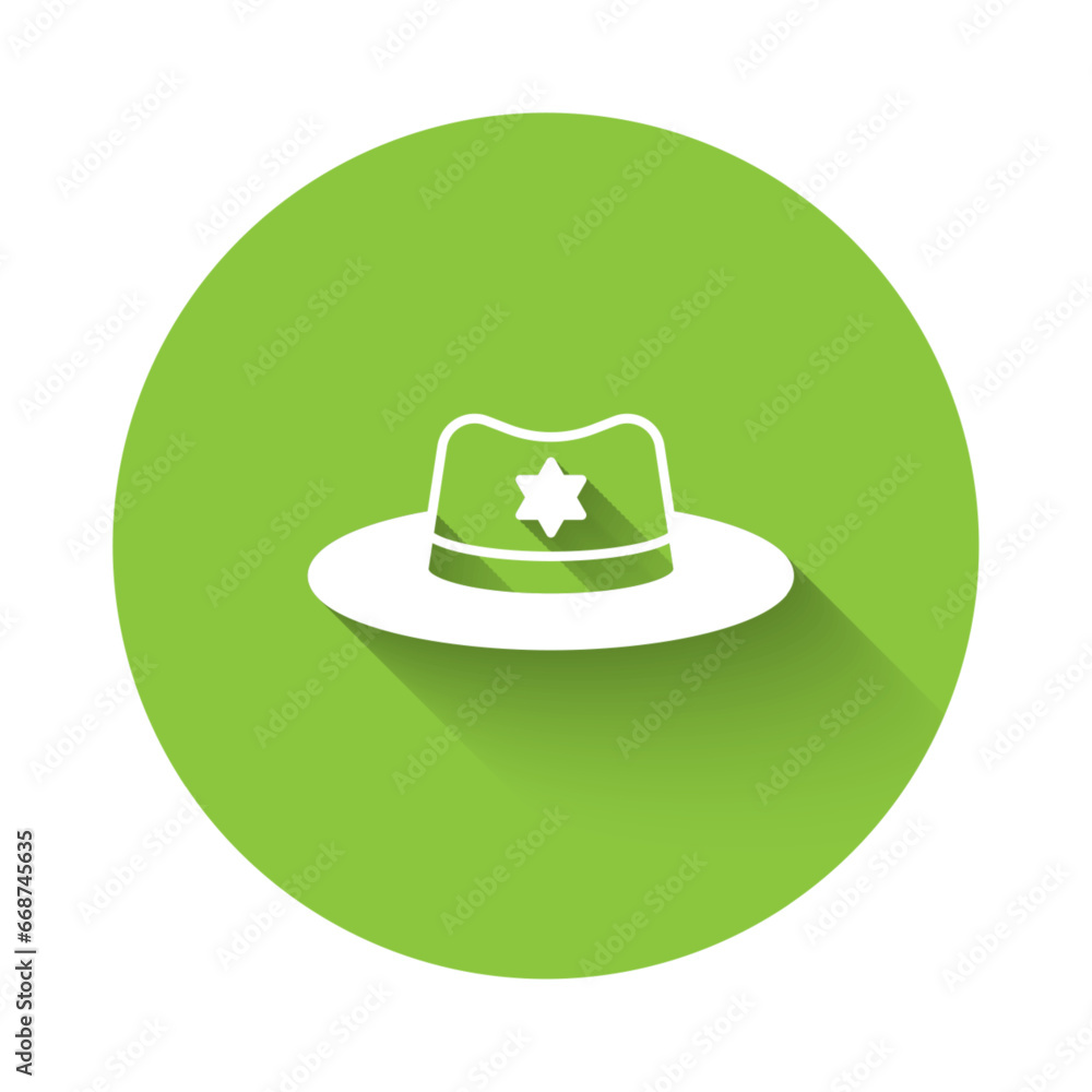 Poster white sheriff hat with badge icon isolated with long shadow background. green circle button. vector