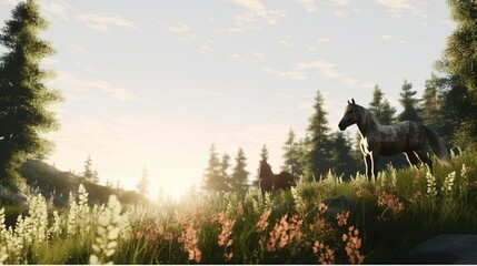 Wild horses graze in the sunlit meadow