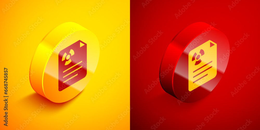 Poster isometric radiation warning document icon isolated on orange and red background. text file. circle b