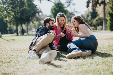 Fototapeta premium Friends embrace nature, freedom, and positive energy, creating a joyful and relaxing atmosphere for their weekend activities.