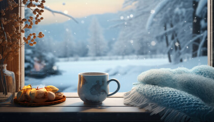 Cup of hot tea or coffee and knitted blanket. Cozy hygge atmosphere at home. Beautiful winter view from the window. Selective focus, bokeh background. - obrazy, fototapety, plakaty