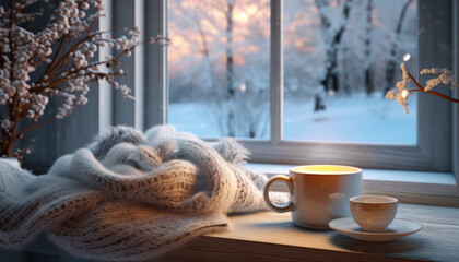 Cup of hot tea and coffee and knitted blanket. Cozy hygge atmosphere at home. Beautiful winter view from the window. Selective focus, bokeh background.