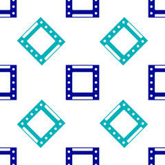 Blue Play video icon isolated seamless pattern on white background. Film strip sign. Vector