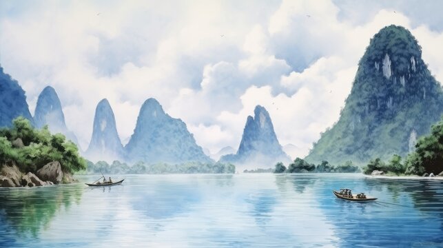 watercolor painting of Li river in Guilin,Guangxi,China. Fantasy landscape with karst mountains and river