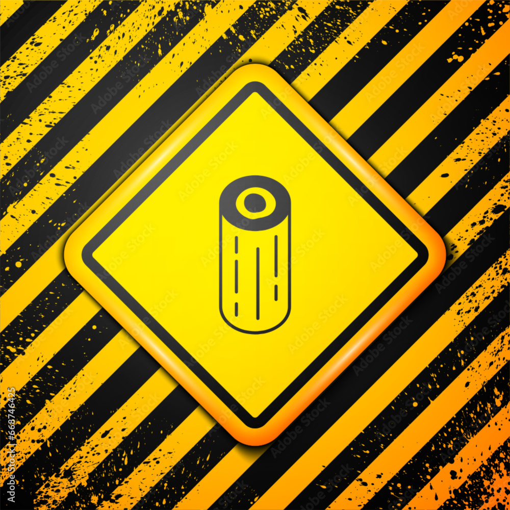 Sticker black wooden logs icon isolated on yellow background. stack of firewood. warning sign. vector