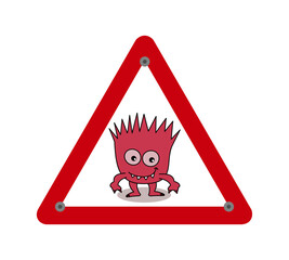 Small smiling red microbe in traffic sign on white background - vector
