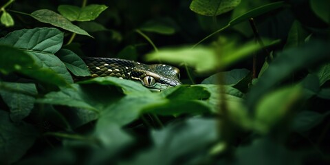 Snake peeks out from around leaves in forest , concept of Camouflaged predator