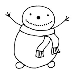 Round snowman with warm scarf around neck. White and black simple line vector design doodle elements.