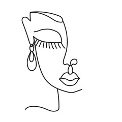 One line art drawing sketch of young woman girl with earring isolated on white.Organic cosmetics, beauty and jewelry accessorize concept