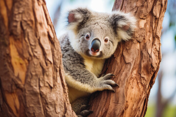 Koala bear on tree. Cute koala bear holding on to tree and looking at camera.