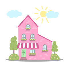 Obraz na płótnie Canvas pink house, building. Vector Illustration for printing, backgrounds, covers and packaging. Image can be used for greeting cards, posters, stickers and textile. Isolated on white background.