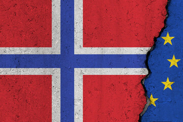 Norway and EU flag cracked on a concrete background