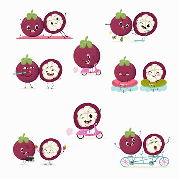 Vector set of funny fresh mangosteens, funny fruits, characters doing sports, playing musical instruments.