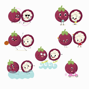 Vector set of funny fresh mangosteens, funny fruits, characters doing sports, playing musical instruments.