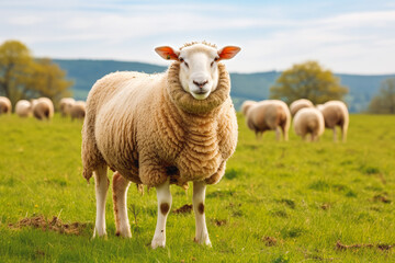 Obraz premium Sheep on pasture. Group of sheep in meadow. One sheep looking at camera and herd in background.
