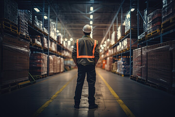 The worker stands full-length in the hall of a warehouse filled with goods, with his back to the camera. He is wearing a jacket with reflective strips and a white helmet on his head. - obrazy, fototapety, plakaty