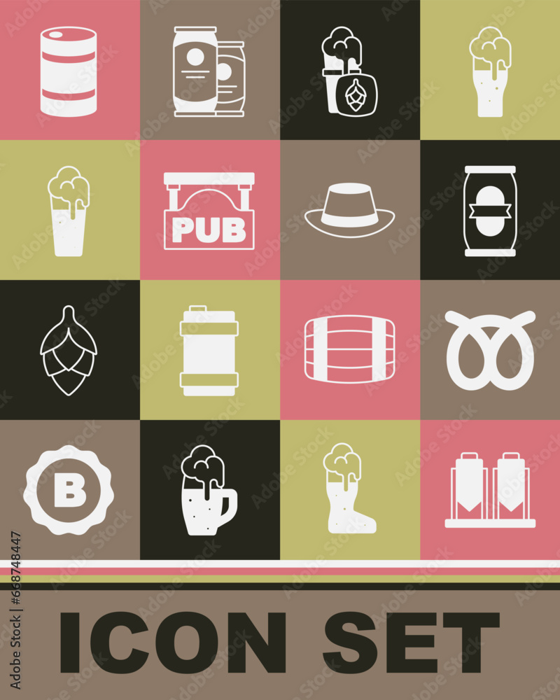 Poster Set Beer brewing process, Pretzel, can, Glass of beer, Street signboard with Pub, Metal keg and Oktoberfest hat icon. Vector