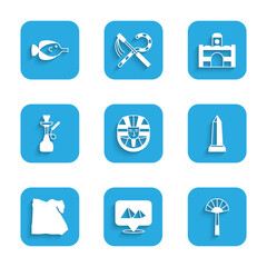 Set Egyptian pharaoh, pyramids, fan, Obelisk of Alexandria, Map, Hookah, house and Butterfly fish icon. Vector