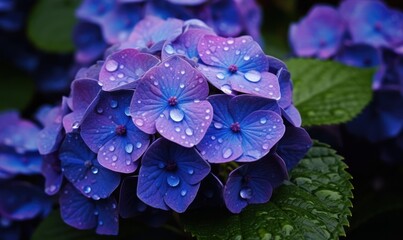 Blue Hydrangea macrophylla flower with rain drops close up. Mother's day concept with a space for a...
