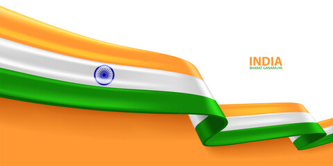 India 3D ribbon flag. Bent waving 3D flag in colors of the India national flag. National flag background design.