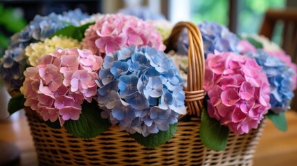 Colorful hydrangea flowers in a basket on the table. Mother's day concept with a space for a text....