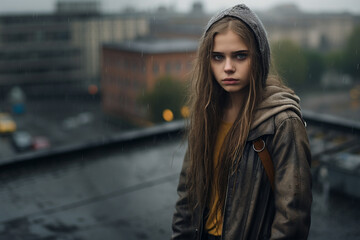 Obraz premium a detailed photo the photograph shows a young Slavic girl stands in the rain, wide-eyed and sad