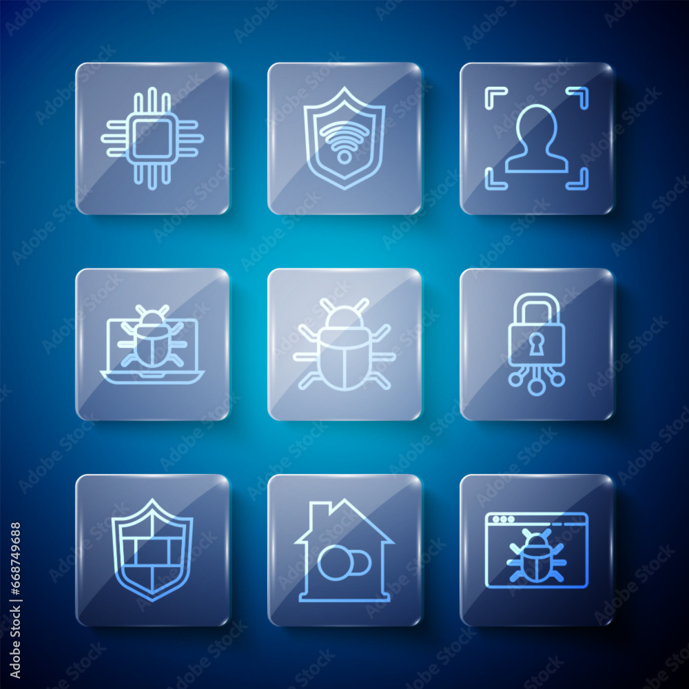 Poster set line shield with brick wall, smart home, system bug, face recognition, monitor, processor microc