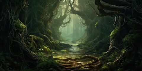 AI Generated. AI Generative. Misty magic fantasy deep green jungle forest. Adventure trail path background. Graphic Art