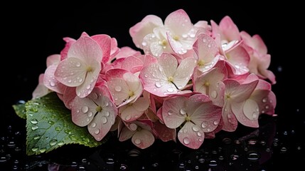 Pink hydrangea flowers with water drops on a black background. Mother's day concept with a space...