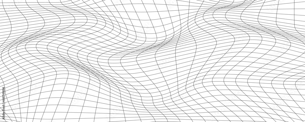 Poster distorted wave monochrome texture. dynamical rippled surface. vector mesh grid pattern of lines