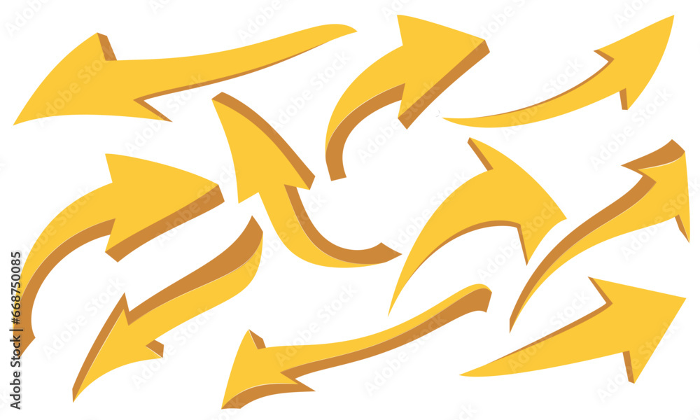 Poster yellow 3d arrows of various shapes set. realistic arrow twisted in various directions. infographic o