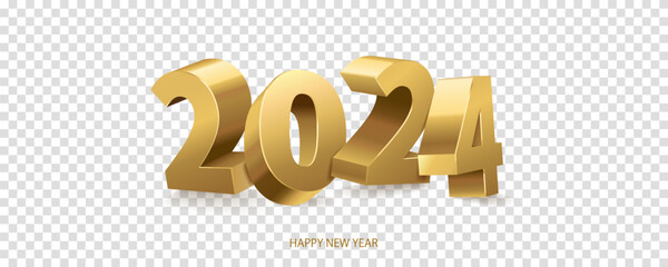 Happy new year 2024. Golden shiny 3D numbers, isolated on transparent background. Vector illustration.
 - obrazy, fototapety, plakaty