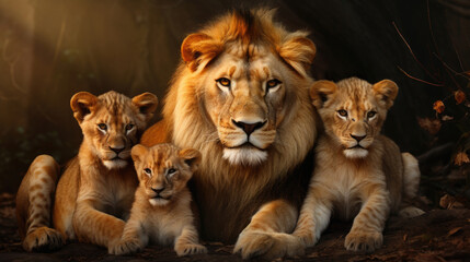 Family of friendly lions close-up - obrazy, fototapety, plakaty