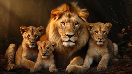 Fotobehang Family of friendly lions close-up © Veniamin Kraskov